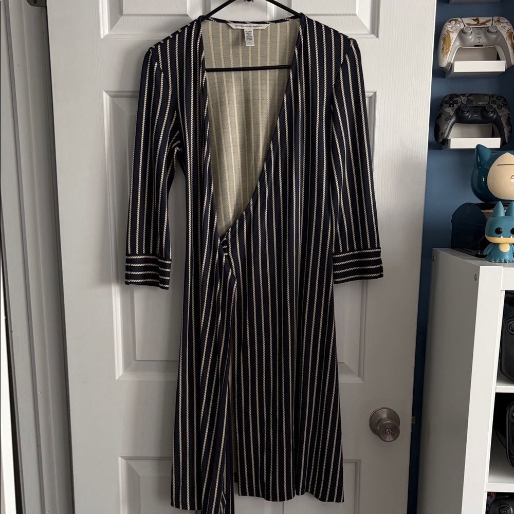 Diane Von Furstenberg Navy and Cream Striped Midi Wrap Dress